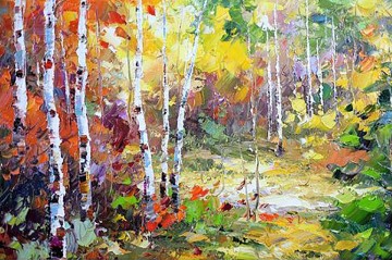 Artworks in 150 Subjects Painting - Textured Red Yellow Trees Autumn by Knife 10